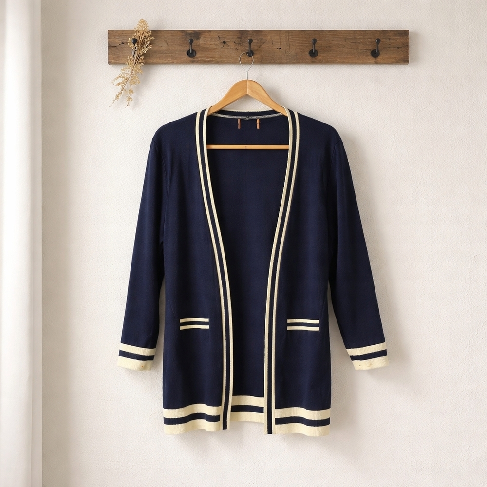 Navy and Cream Women's Open Front Cardigan